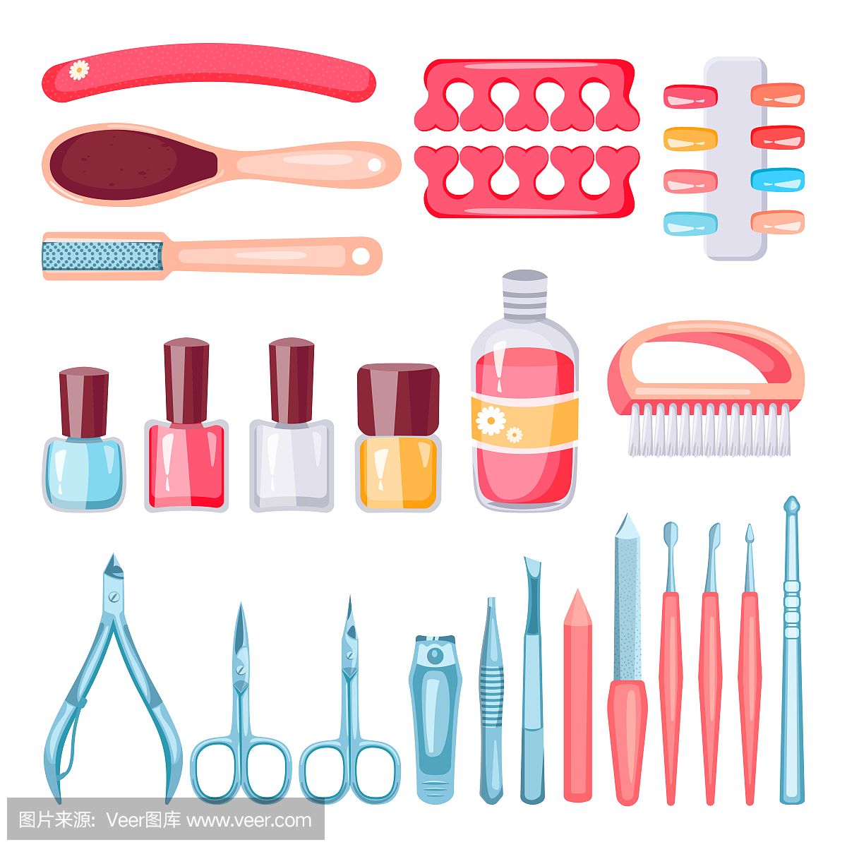 Manicure, pedicure tools and cosmetics set. Vector cartoon illustration. Nails, hands and feet care products